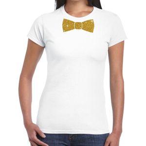 Wit fun t-shirt met vlinderdas in glitter goud dames - Feestshirts