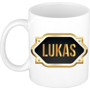 Lukas naam cadeau mok / beker met gouden embleem - kado verjaardag/ vaderdag/ pensioen/ geslaagd/ bedankt