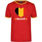 Belgium rood / geel ringer t-shirt Belgie vlag in hart voor heren - Feestshirts
