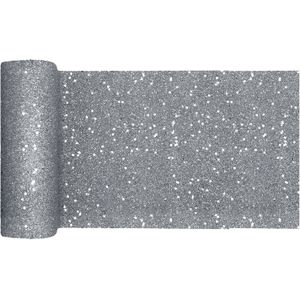 Santex Kerstdiner glitter tafelloper smal op rol - zilver - 18 x 500 cm - polyester