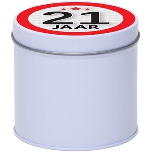 Metalen wit rond blikje cadeauverpakking 10 cm met 21 jaar sticker - Cadeaudoosjes