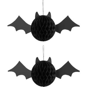 Halloween thema hangende vleermuis - 2x - zwart - papier - 45 cm - Hangdecoratie