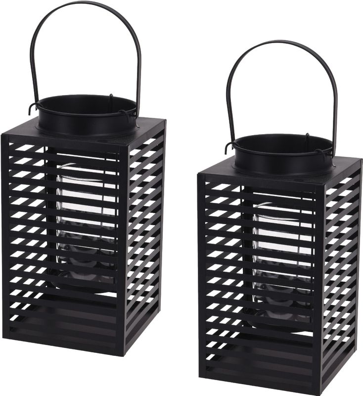 Set van 2x stuks metalen lantaarn/windlicht kaarshouder zwart 12 x 24,5 cm - Kaarslantaarns