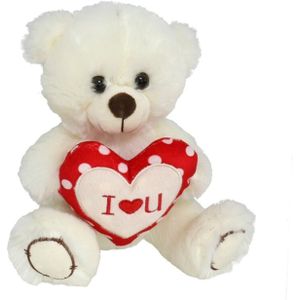 Pluche knuffelbeer met I Love hartje - wit/rood - 30 cm - Knuffelberen