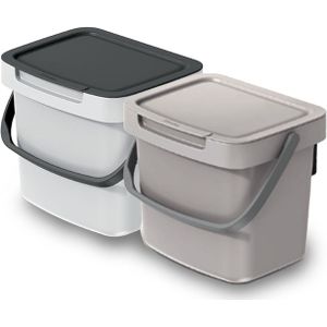 GFT aanrecht afvalbakjes set - 2x - beige/wit - 3L - 19 x 17 x 15 cm - klepje/hengsel - Prullenbakken