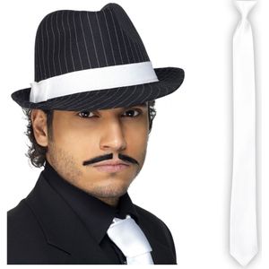 Carnaval verkleed set compleet - gangster/maffia hoedje met witte stropdas - volwassenen - Verkleedattributen