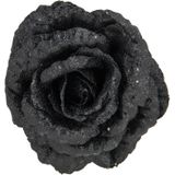 2x stuks decoratie bloemen roos zwart glitter op clip 15 cm - Decoratiebloemen/kerstboomversiering/kerstversiering