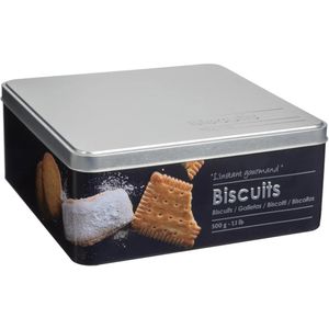 Koektrommel biscuits - metaal - zwart/zilver - 20 x 20 x 8 cm - koekje opslag blik - Voorraadblikken