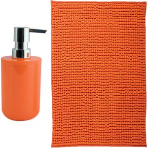 MSV badkamer droogloop mat - Genua - 50 x 80 cm - met bijpassende kleur zeeppompje - oranje