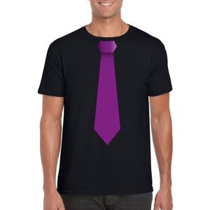Toppers in concert Zwart t-shirt met paarse stropdas heren - Feestshirts