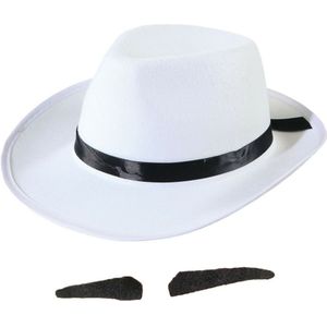 Smiffys - Gangster/maffia verkleed set hoed wit/zwart met snorretje - Verkleedhoofddeksels