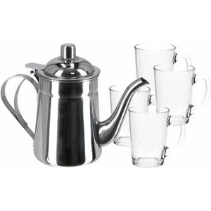 Rvs theepot zilver van 1 liter met 6x stuks theeglazen Luminarc van 320 ml