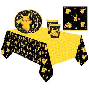 Pokemon themafeest drinkbekers/gebaksbordjes/servetten/tafelkleed - zwart/geel - karton - Feestbordjes