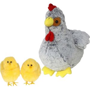 Pluche kip knuffel - 20 cm - grijs - met 2x gele kuikens 7 cm - kippen familie - Vogel knuffels