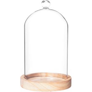 Atmosphera Home decoratie glazen stolp op houten plateau - glas/lichtbruin - D12 x H19 cm - Woonaccessoires