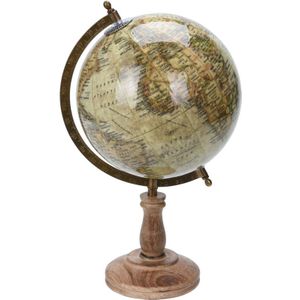 Antieke wereldbol/globe decoratie beige 23 x 38 cm op mango houten standaard - Wereldbollen