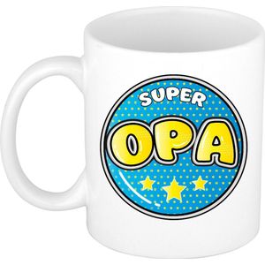 Bellatio Decorations Verjaardag cadeau mok - super opa - button - blauw - 300 ml - keramiek - opa/oma dag