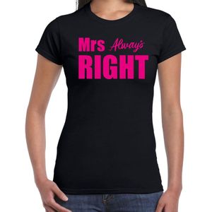 Mrs always right t-shirt zwart met roze letters voor dames - Feestshirts