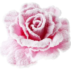 Rozen met sneeuw roze op klem 10 cm - Feestdecoratievoorwerp