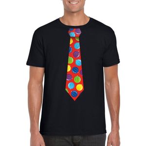 Kerst t-shirt stropdas met kerstballen print zwart voor heren - kerst t-shirts