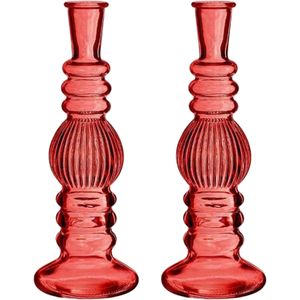 Ideas 4 Seasons Bloemenvaas Florence - 2x - koraal rood glas - ribbel - D8,5 x H23 cm