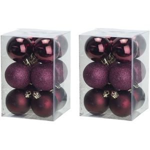 24x Aubergine roze kerstballen 6 cm glanzende/matte kunststof/plastic kerstversiering - Kerstbal
