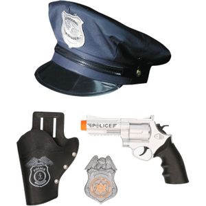 Carnaval verkleed politiepet - blauw - met pistool/badge - heren/dames - verkleedkleding accessoires - Verkleedhoofddeksels