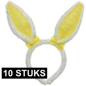 10x Feestartikelen konijn/haas diademen met oren 24 cm wit/geel verkleedaccessoire - Verkleedattributen