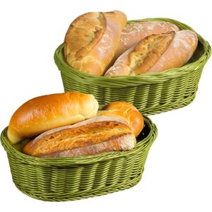 Brood/fruit mandje - 2x - gevlochten kunststof - olijfgroen - ovaal - L29 x B23 x H9 cm - broodmand - broodmand