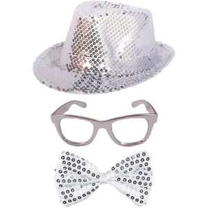 Carnaval verkleed set hoed-strikje-bril zilver glitters - Verkleedhoofddeksels