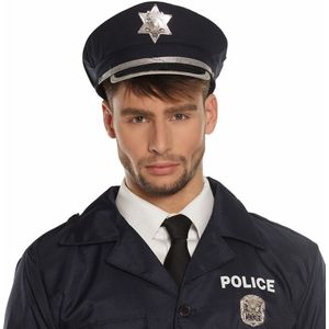 Carnaval verkleed Politie agent hoedje - blauw/zilver - voor volwassenen - Politie thema - Verkleedhoofddeksels