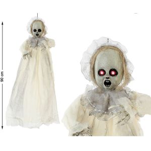 Horror hangdecoratie spook/geest pop wit met lichtgevende ogen 90 cm - Halloween poppen