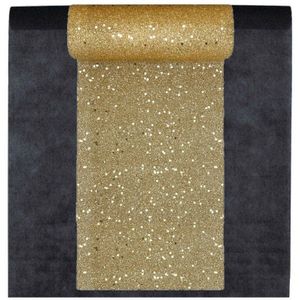 Feest tafelkleed met glitter tafelloper - op rol - zwart/goud - 10 meter - Feesttafelkleden