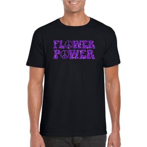 Toppers Zwart Flower Power t-shirt peace tekens met paarse letters heren - Feestshirts