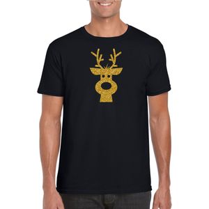 Rendier hoofd Kerst t-shirt zwart voor heren met gouden glitter bedrukking - kerst t-shirts
