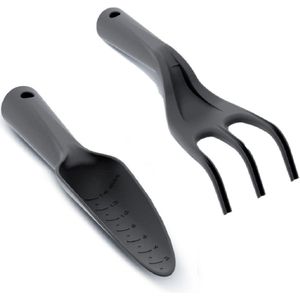 Set van een zwarte kunststof hand hark en smalle tuinschep 26/29 cm - Harken