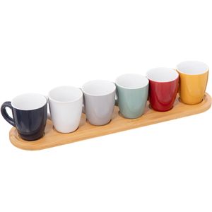 Espresso/koffie kopjes set - 6x - met bamboe plankje - aardewerk kopjes - 90ml - diverse kleuren