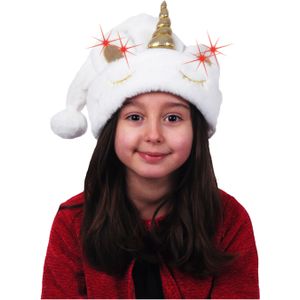 Kerstmutsen - 2x stuks - wit - eenhoorn - met licht - voor kinderen - Kerstmutsen