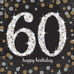 32x stuks 60 jaar verjaardag feest servetten zwart met confetti print 33 x 33 cm - Feestservetten