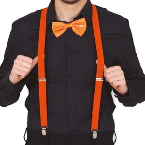 Carnaval verkleed bretels en strikje - neon oranje - volwassenen - verkleed accessoires - Verkleedattributen