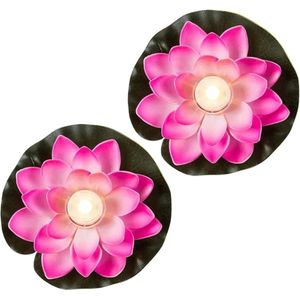 Waterlelie met LED- 2x -licht - roze - D13 cm - kunststof - drijvend - werkt op batterijen - LED kaarsen