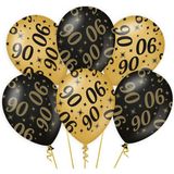 6x stuks leeftijd verjaardag feest ballonnen 90 jaar geworden zwart/goud 30 cm - Ballonnen