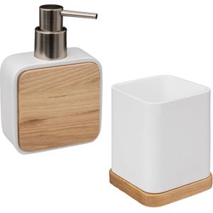 Badkamer/toilet accessoires set - tandenborstelhouder en zeeppompje - wit - bamboe - 200 ml