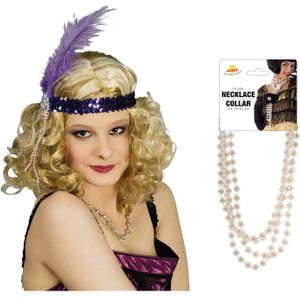 Carnaval verkleed accessoire set - dames hoofdband en parelketting - charleston/jaren 20 stijl - Verkleedhaardecoratie