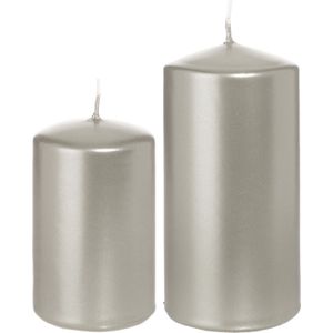 Trend Candles - Cilinder Stompkaarsen set 2x stuks zilver 8 en 12 cm