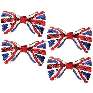 4x stuks union Jack vlag kleuren Engelse pailletten vlinder strik - Verkleedstrikjes