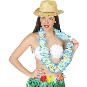 Hawaii thema party verkleedset - Strand strohoedje - bloemenkrans blauw/wit - Tropical toppers - Verkleedhoofddeksels