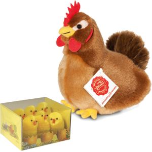 Pluche kip knuffel - 16 cm - multi kleuren - met 6x kuikens 5 cm - kippen familie - Vogel knuffels