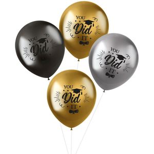 Ballonnen geslaagd thema - 4x - goud/zilver/grijs - latex - 33 cm - diploma examenfeest versiering - Ballonnen