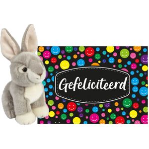 Pluche knuffel cadeau Konijn 18 cm met A5-size Gefeliciteerd wenskaart - Knuffel huisdieren